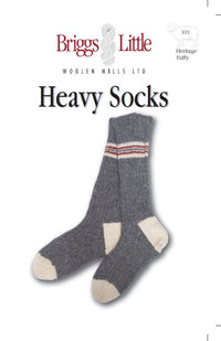 Knitting pattern with gray heavy socks with a striped pattern on a white background, featuring Briggs & Little branding.