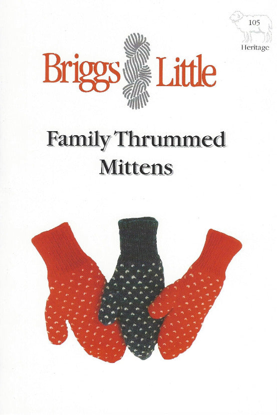 Pattern for Family Thrummed Mittens on a white background with brand logo.