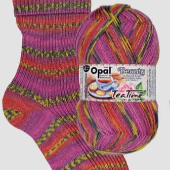 Colorful knitted sock and ball of yarn with Opal brand label on a white background