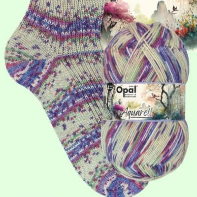 Colorful knitted sock and ball of yarn with Opal brand label on a light green background