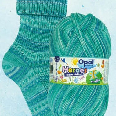 Teal patterned sock and ball of yarn with Opal label on a white background