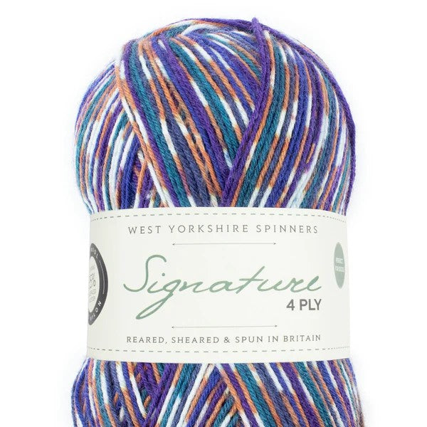 Multicolored yarn ball with West Yorkshire Spinners label on a white background