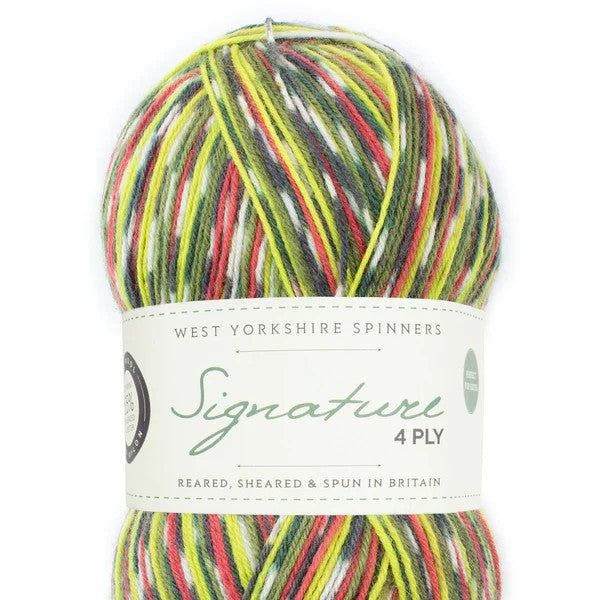 Multicolored yarn ball with West Yorkshire Spinners label on a white background