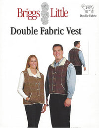 Knitting pattern for Briggs and Little Double Fabric Vest with two models wearing vests and a back view illustration.