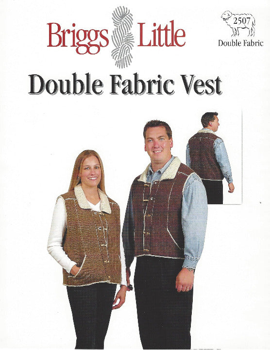 Knitting pattern for Briggs and Little Double Fabric Vest with two models wearing vests and a back view illustration.