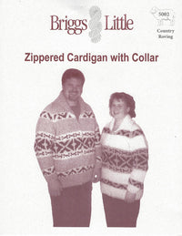 Knitting pattern for Zippered Cardigan With Collar with two people wearing zipped cardigans and labeled Briggs & Little.