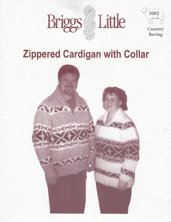 Knitting pattern for Zippered Cardigan With Collar with two people wearing zipped cardigans and labeled Briggs & Little.