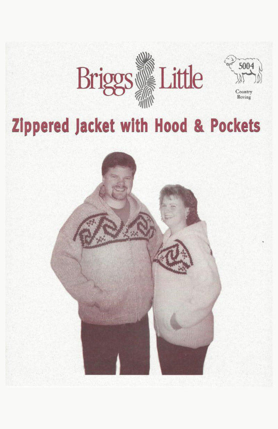 Knitting pattern for Zippered Jacket With Hood and Pockets with two people wearing zipped cardigans and labeled Briggs & Little.