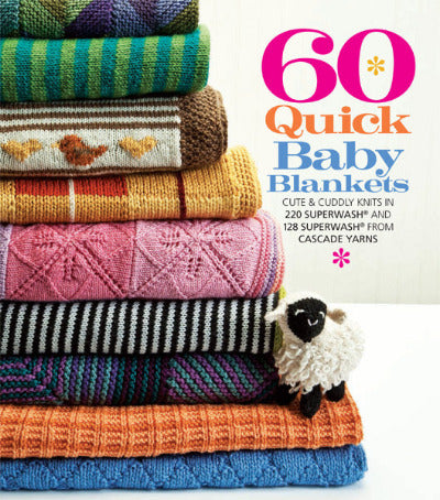 Stack of colorful knitted baby blankets with a toy sheep on a white background, featuring text about a knitting book.