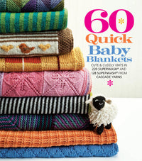 Stack of colorful knitted baby blankets with a toy sheep on a white background, featuring text about a knitting book.