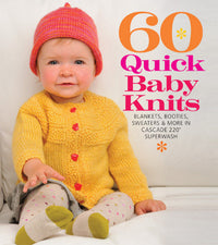 Baby wearing a yellow knitted sweater and pink hat with text '60 Quick Baby Knits' on a white background.