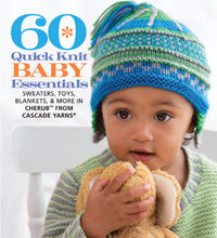 Baby wearing a blue and green knitted hat with text about quick knit baby essentials from Cascade Yarns.