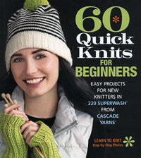 Book cover of '60 Quick Knits for Beginners' with a person wearing a knitted hat and holding knitting needles.