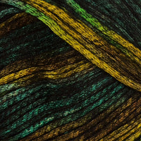 Close-up of variegated yarn strands in a dark base with shimmering olive, green, and yellow metallic highlights.