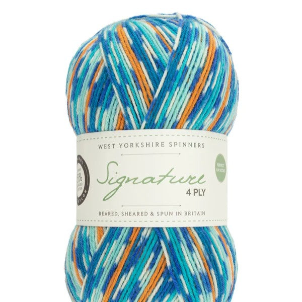 Colorful yarn ball with a West Yorkshire Spinners label on a white background