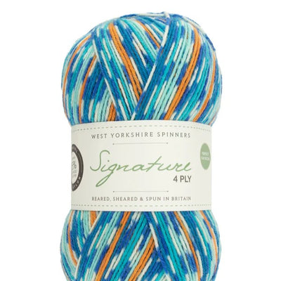 Colorful yarn ball with a West Yorkshire Spinners label on a white background
