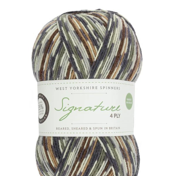 Multicolored yarn ball with West Yorkshire Spinners label on a white background
