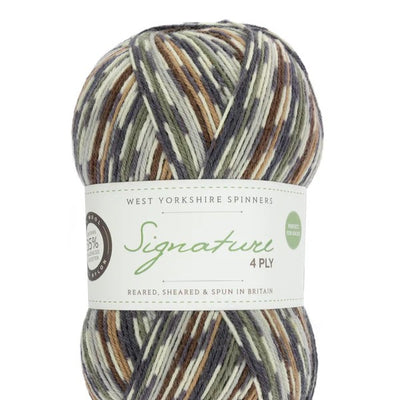 Multicolored yarn ball with West Yorkshire Spinners label on a white background