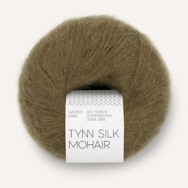 Ball of olive green Tynn Silk Mohair yarn with a label on a white background