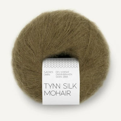 Ball of olive green Tynn Silk Mohair yarn with a label on a white background