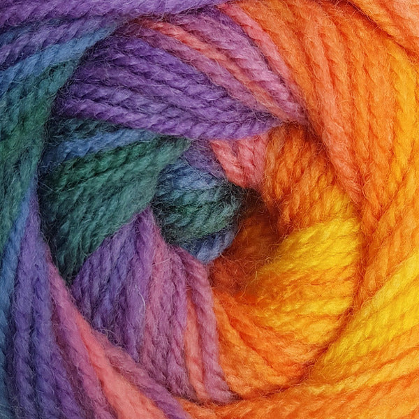 Close-up of colorful yarn with purple, green, orange, and yellow hues.