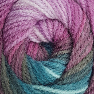 Close-up of a skein of yarn with purple, teal, and green colors.