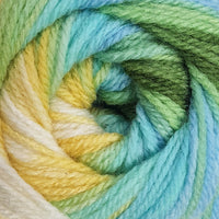 Close-up of a skein of multicolored yarn with shades of green, blue, and yellow.