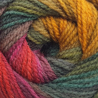 Close-up of multicolored yarn skein with shades of blue, green, yellow, pink, and red.