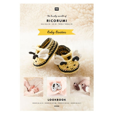 Baby booties book with a 'Rigorumi' brand logo on a beige background