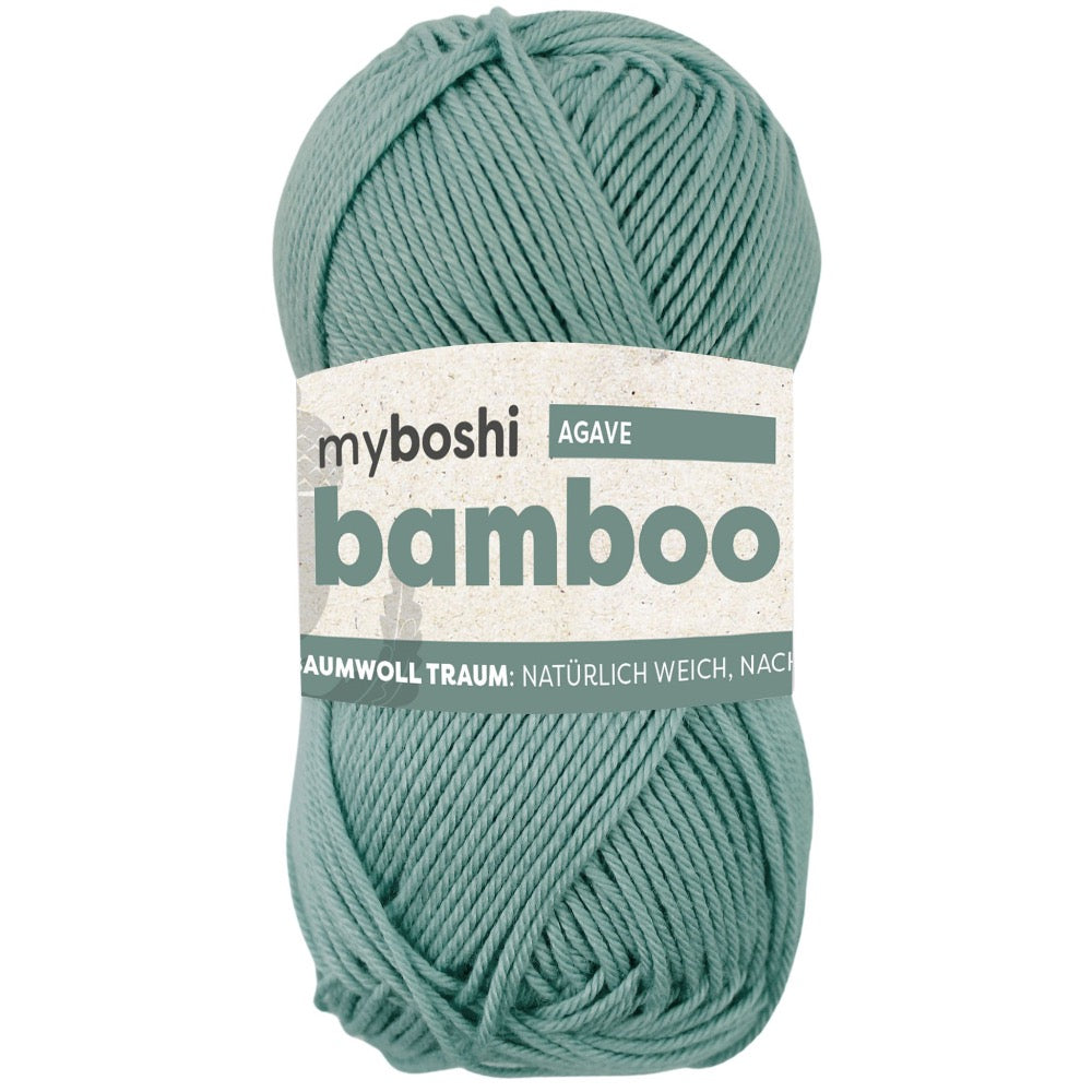 Pale teal ball of yarn with a label on a white background