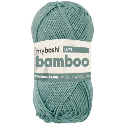 Pale teal ball of yarn with a label on a white background