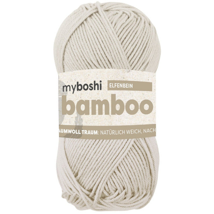 Cream ball of yarn with 'myboshi' label on a white background