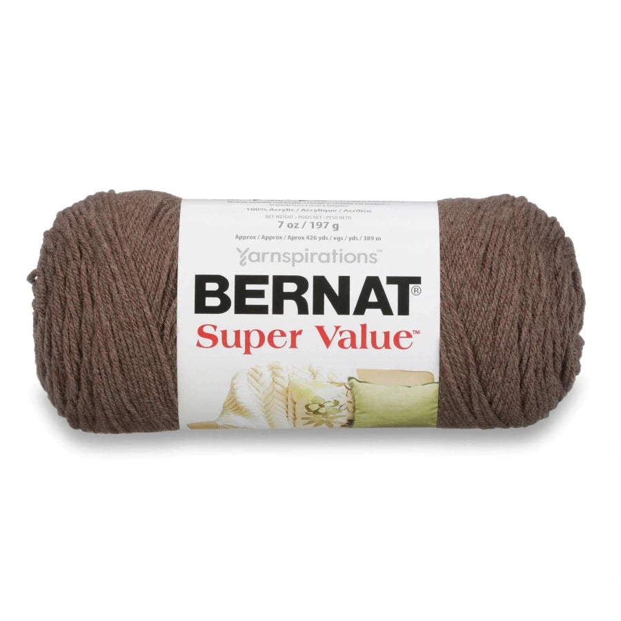 Ball of Bernat Super Value yarn with label on a white background