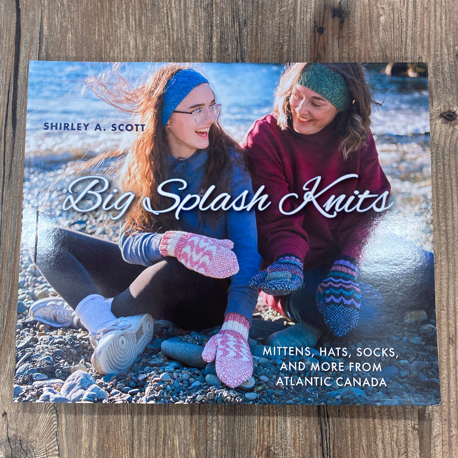 Book titled 'Big Splash Knits' by Shirley A. Scott on a wooden surface