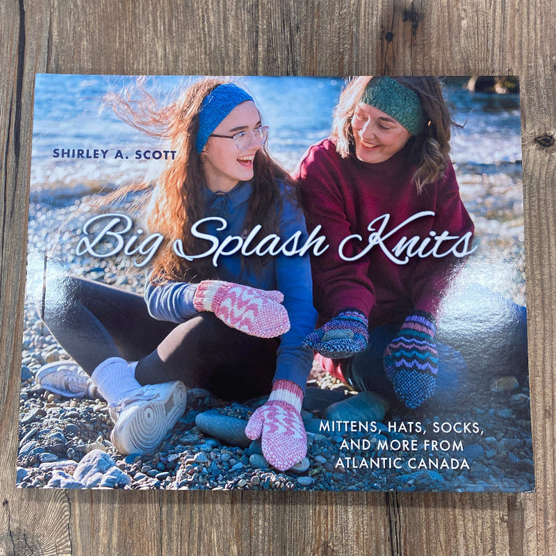 Book titled 'Big Splash Knits' by Shirley A. Scott on a wooden surface