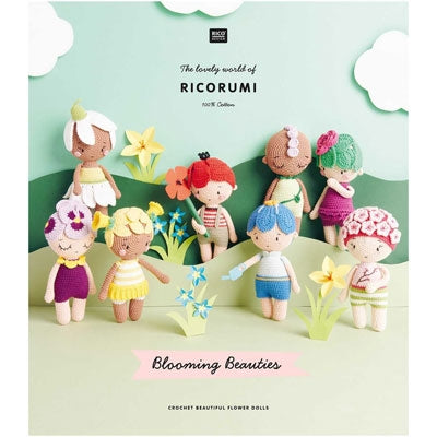 Book cover featuring knit dolls with flowers and text 'The lovely world of Ricorumi Blooming Beauties'.