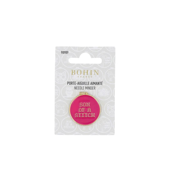 Hot pink Bohin needle minder with 'Son of a Stitch' text in packaging on a white background