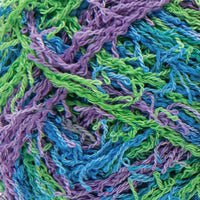 Close up of textured blue, purple, and green yarn 