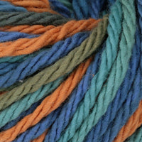 Close-up of multicolored yarn strands in blues, green, and orange.