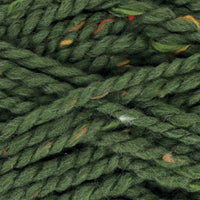 Close-up of green yarn with orange, green, and yellow specks