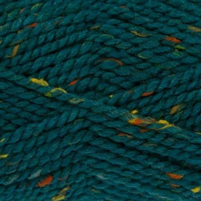Close-up of teal yarn with orange, yellow, and green specks