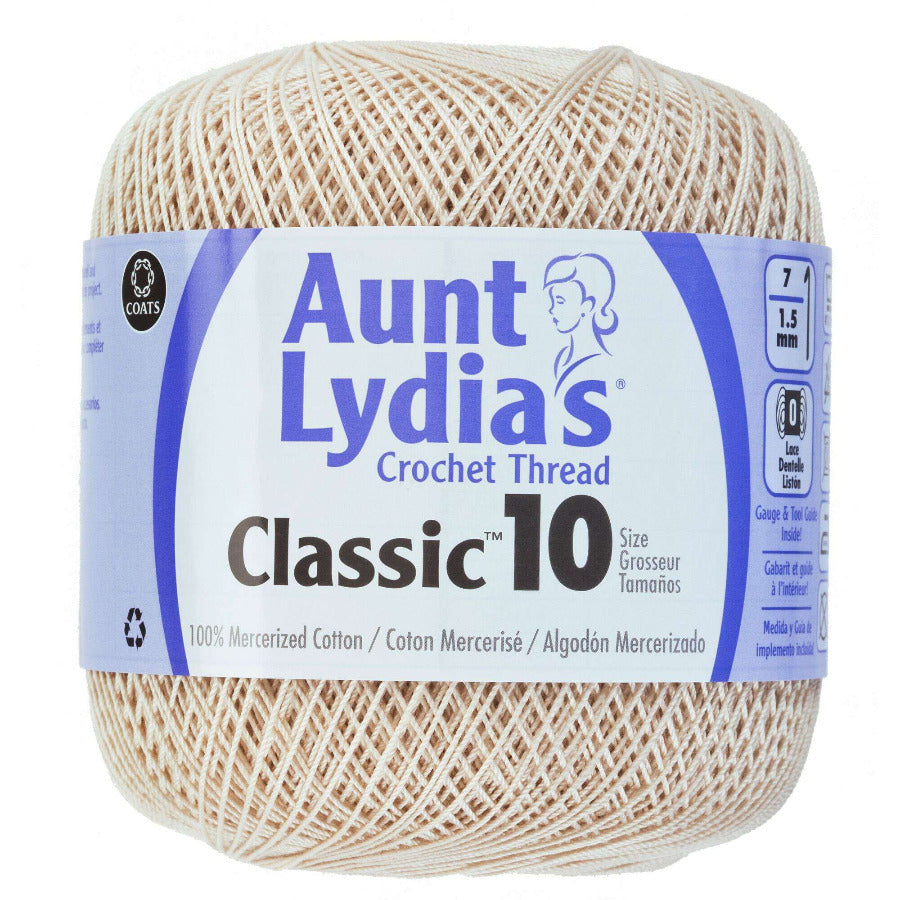 Ball of Aunt Lydia's Crochet Thread Classic 10 Natural on a white background
