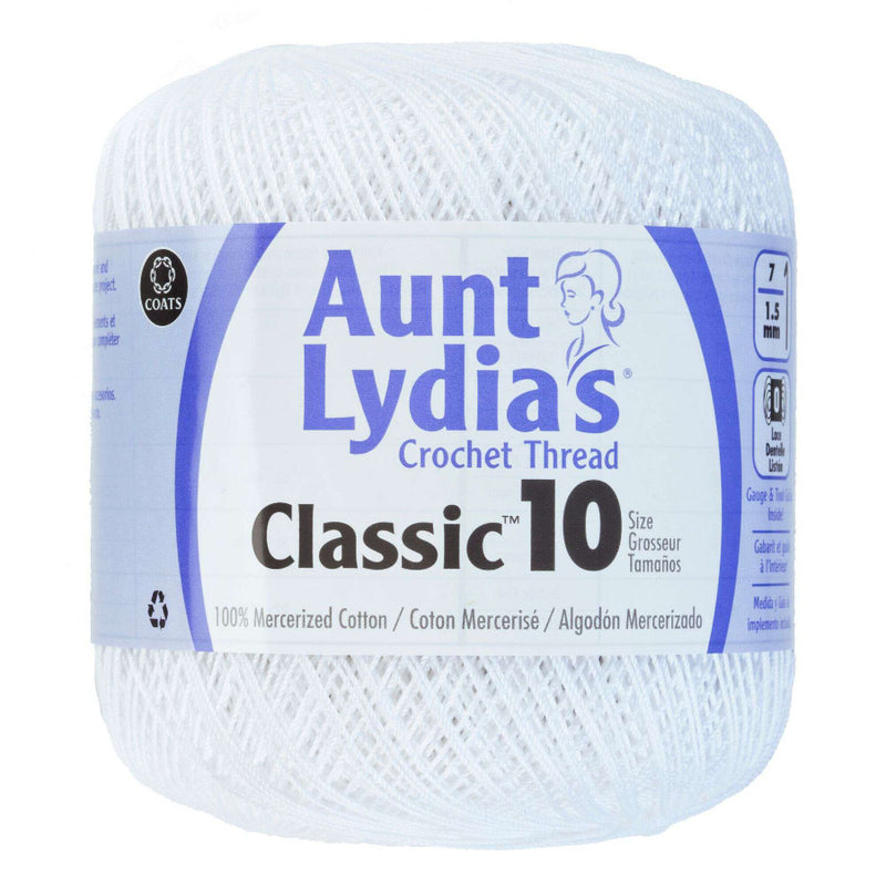 Ball of Aunt Lydia's crochet thread with label on a white background