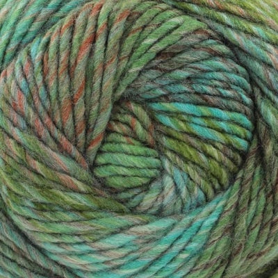 Close-up of a ball of multicolored yarn with shades of green, blue, and brown.