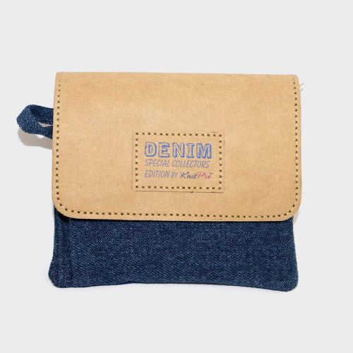 Two-tone needle case with denim bottom and beige top, featuring 'Denim Special Collectors Edition' label.