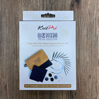 KnitPro Denim Special Collection needle set packaging on a wooden surface
