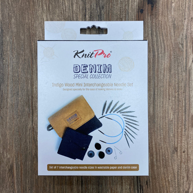 KnitPro Denim Special Collection needle set packaging on a wooden surface