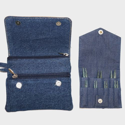 Denim needle case with multiple compartments on a wjite background