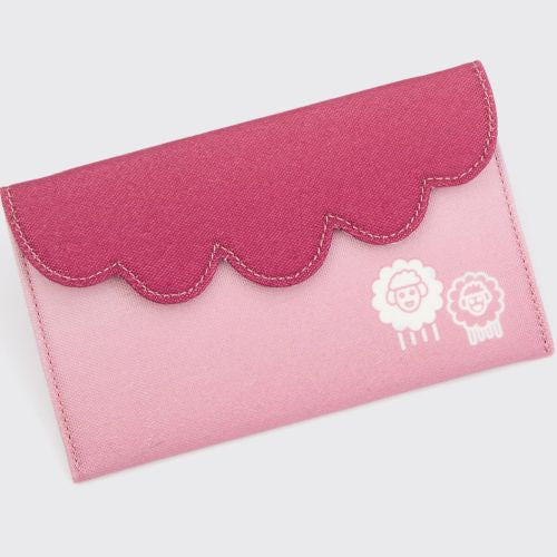 Pink fabric pouch with scalloped edge and white logo on a light gray background