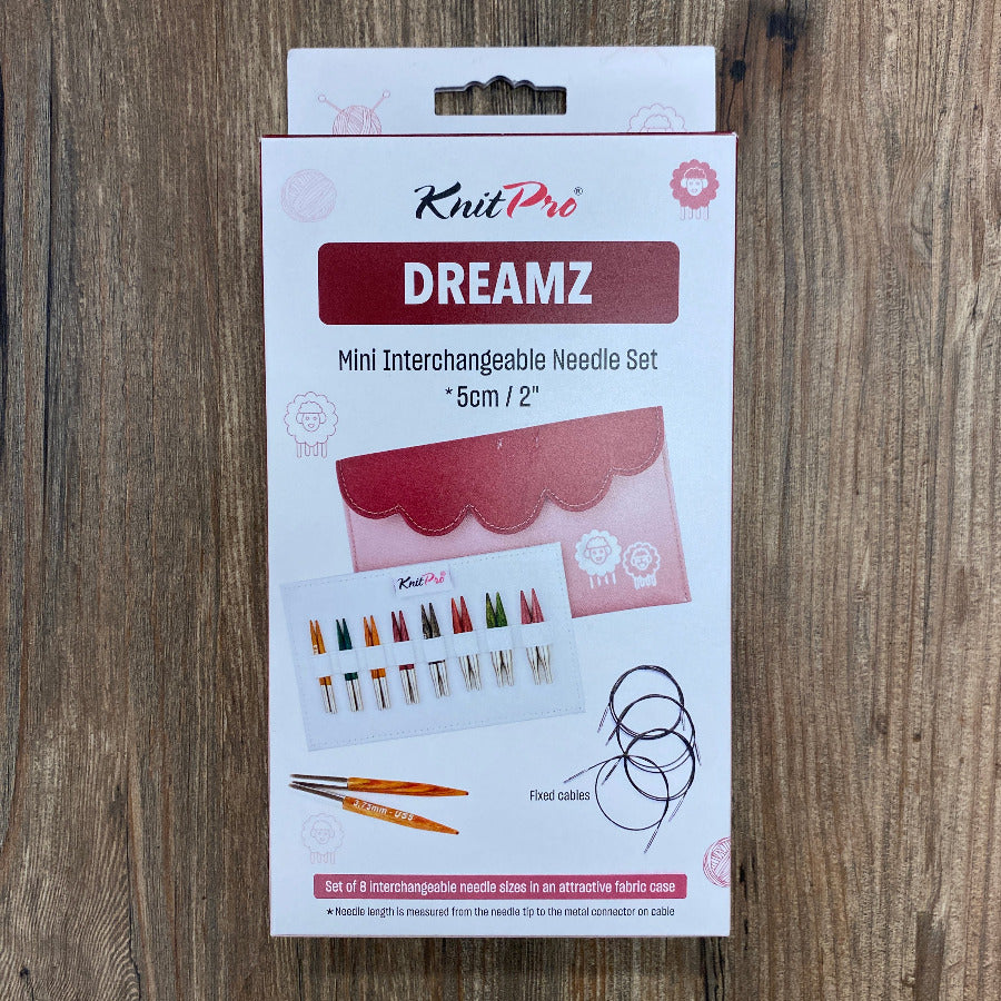 KnitPro Dreamz mini interchangeable needle set packaging on a wooden surface